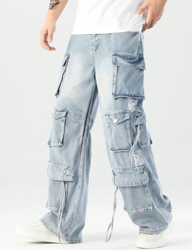 Rexcyril Men's Baggy Ripped Jeans Distressed Hip Hop Wide Leg Loose Fit Multi-Pockets Cargo Denim Pants2