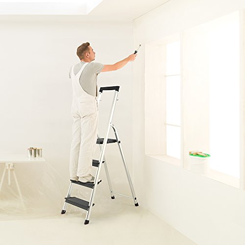 Delxo Lightweight Aluminum 4 Step Ladder with Tool Tray Folding Step Stool Stepladders Home and Kitchen Step Ladder Anti-Slip Sturdy and Wide Pedal Ladders 300lbs Capacity Space Saving (4 feet)