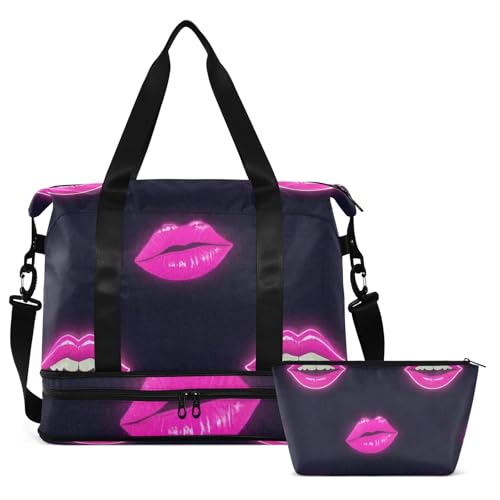 Pink Fluorescent Neon Lips Tote Bag Weekender Duffel Bag with Adjustable Strap for Gym 2 Pcs Set2