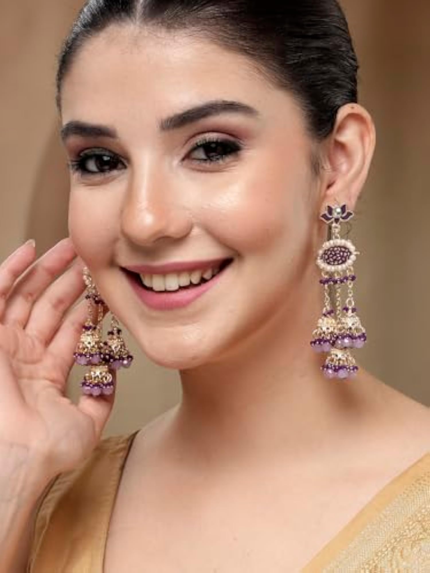 Gold-Plated Enamel Crystal-Studded Kundan Tassel Earrings