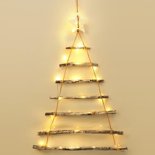 KUPITM6 Holzleiter Tannenbaumm, Wanddeko Weihnachten Holzstrickleiter, Weihnachtsbaum Leiter zum Aufhängen Adventskalender Deko, Holz Baum Weihnachtsbaum Hängedeko für DIY Heimdekoration