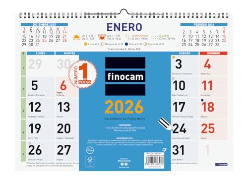 Finocam - Calendario de pared 2026 Mixto Mes Vista Enero - Diciembre (12 meses) | Calendario 2026 para anotar | Planificador mensual Color - Español