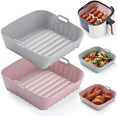 2 Pack Air Fryer Silicone Liners Pot, [8-inch] for 5-8QT, Reusable Silicone Air Fryer Square Liners Pot, Easy Cleaning and Heat Resistant Tray for Oven Microwave Accessories (Pink+GREY)