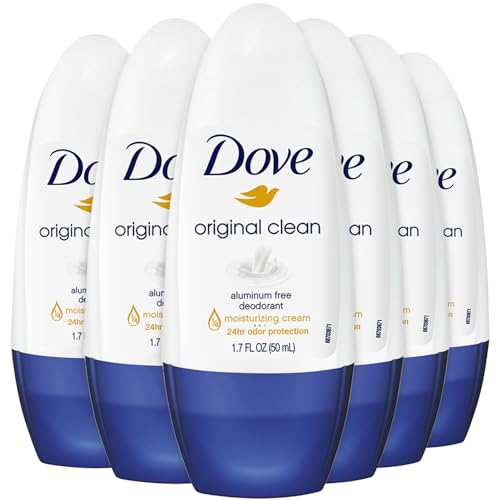 Dove Aluminum-Free Deodorant for Women, Original Clean Roll-On 6-Pack – ¼ Moisturizing Cream Formula with 24H Odor Protection, 1.7 Fl Oz Ea