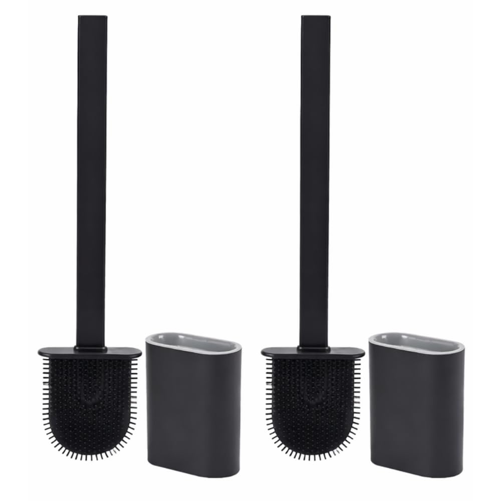 eMKay® PACK OF 2 SILICONE TOILET BRUSH & HOLDER | FLEXIBLE SILICONE TOILET CLEANER | QUICK DRY HYGIENIC TOILET BRUSHES | WALL MOUNTED OR FLOOR STANDING | MODERN BATHROOM ACCESSORY (2, BLACK)