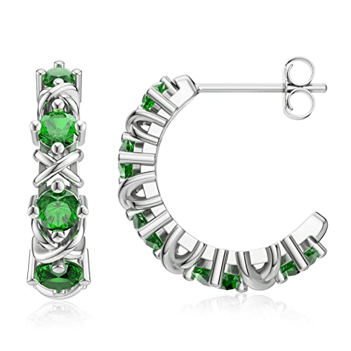 LANBEIDE Sterling Silver Hoop Earrings Half Open Huggie Earrings with Emerald Cubic Zirconia May Birthstone for Women Diameter 20mm Cover