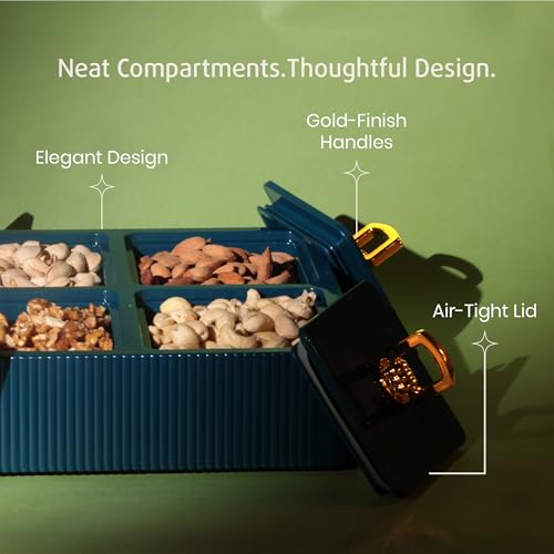 Image of Selvel Global Square Dryfruit Box with 4 Compartments | Airtight Multi-Purpose Storage Box with Tray & Lid | Ideal for Diwali Gifting | 500ml Each | BPA-Free (Emerald Green)