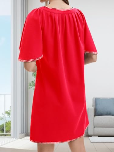 HOULENGS Women's Summer Flutter Short Sleeve A Line Mini Dress Casual Contrast Trim V Neck Short Dress with Pockets2