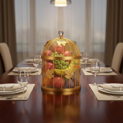 Image of Insect-Resistant Fruit and Vegetables Basket with Lid | Decorative Mesh (Jaali) Fruits and Vegetables Holder for Home and Kitchen - Gold
