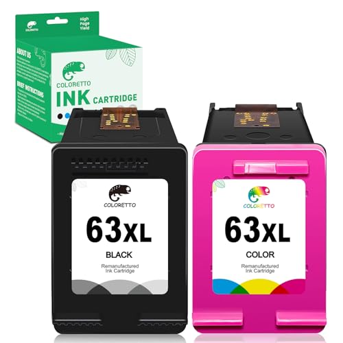 COLORETTO Remanufactured Printer Ink Cartridge Replacement for HP 63XL to use with Envy 4520 4516 Officejet 5255 5258 DeskJet 1112 3632 3639 1112 2130 3632 3633 3634 (1 Black+1 Color) Combo Pack