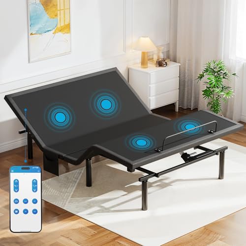 Pipishell Queen Adjustable Bed Frame with Massage, Electric Bed Base with App-Controlled, Head & Foot Incline, 4 USB Ports, LED Under-Bed Lighting, 4 Leg Height Options, and Easy 3-Step Assembly