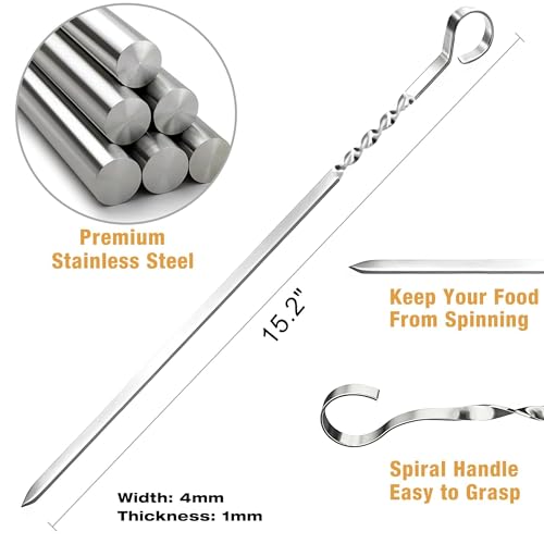 AIDOIT Kabob Skewers, 40 PCS 15.2 Inch Flat Metal BBQ Barbecue Skewer Stainless Steel Shish Kebob Sticks Wide Reusable Grilling Skewers Set for Meat Shrimp Chicken Vegetable