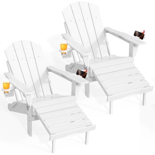 AreShark Adirondack Chairs Set of 2 with Retractable Ottoman, White