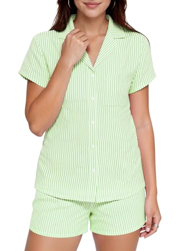 Image of Ammiko Womens Pajamas Set Y2k Loungewear Pajama Button Down Top and Shorts Monkey Beach Short Sleeve Preppy Sleepwear Green Stripe XS