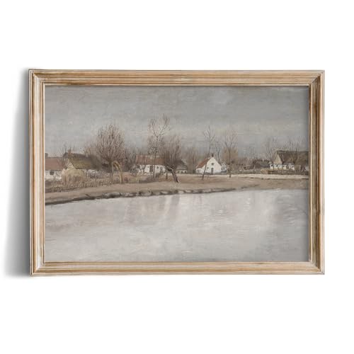Rustic Farmhouse Wall Art Decor - Large 24x36 Unframed Rolled Canvas - Boho Landscape Picture French Country Kitchen Print Poster Neutral Aesthetic Vintage Snow Winter Holiday Christmas Lake Town