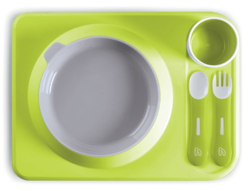 Hoppop 31130011 Atablo - Juego básico de utensilios infantiles: bandeja, plato, vaso, cuchara y tenedor (5 piezas), color lima y blanco Cover