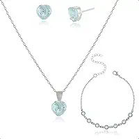 Kit Semijoia Banhado Prata 925 com Pulseira, Colar e Brinco Coração Azul