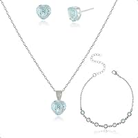 Kit Semijoia Banhado Prata 925 com Pulseira, Colar e Brinco Coração Azul