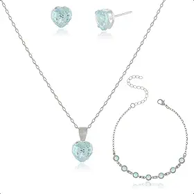 Kit Semijoia Banhado Prata 925 com Pulseira, Colar e Brinco Coração Azul