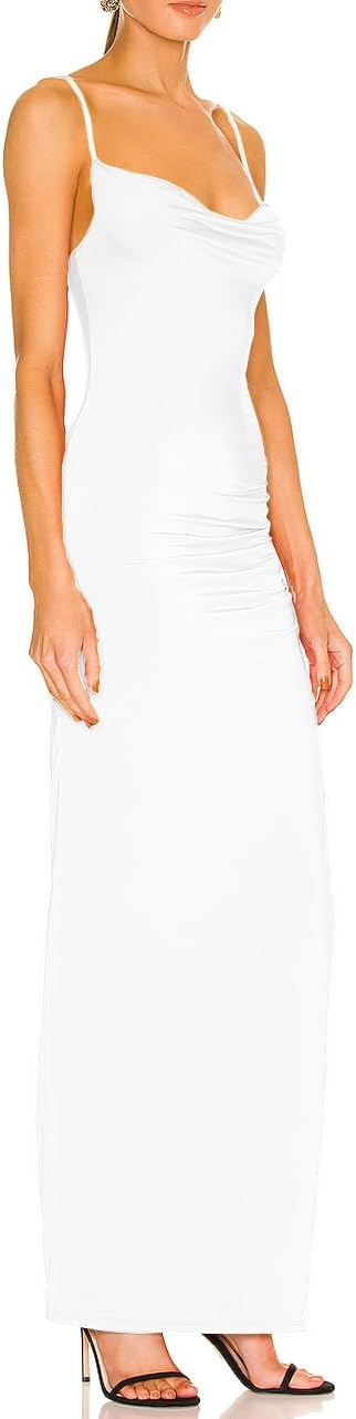 Aigeman Women Spaghetti Straps Cowl Neck Maxi Dress Bodycon Formal Dresses Ruched High Slit Cocktail Party Dress 60 - Image 2