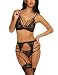 wearella Women Lace Lingerie Set with Garter Belt Strap Bra and Panty Babydoll Black X-Large