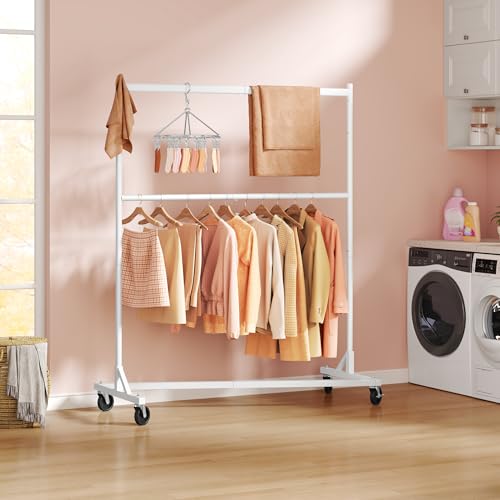 Image of Hoctieon Double Rod Z Rack, Rolling Clothes Racks with Z-Base, Adjustable Clothing Rack, Standing Clothes Rack, Metal Clothing Racks for Hanging Clothes, Portable Garment Rack, White