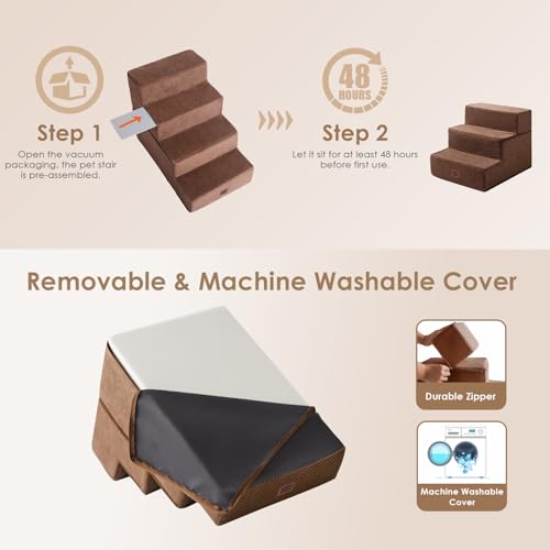 Image of EHEYCIGA Dog Stairs for Small Dogs 13.5 inch H, 3-Step Dog Steps for Couch Sofa and Chair, Pet Steps for Medium Cats, Non-Slip Balanced Pet Ramp Indoor, Brown