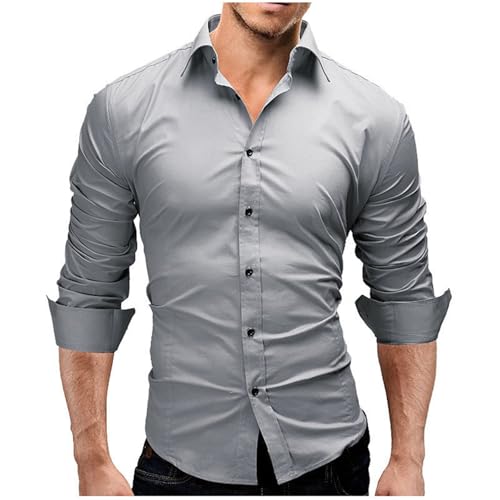 Camisas de vestir para hombre, con botones, estilo casual, para negocios, de negocios, de color liso, simple, formal, a la moda, ajustada, de manga larga, con doble puño, gris, 3XL