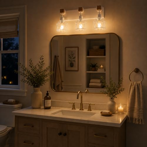 Image of Farmhouse Vanity Light Fixture,3-Light Bathroom Lighting,White Modern Wood Wall Light Over Mirror with Metal Shade,Bulbs NOT Included