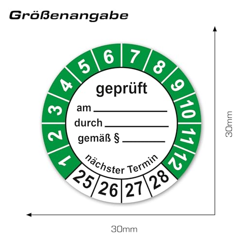 LabelTec Prüfplaketten geprüft am durch gemäß § nächster Prüftermin 2025-2028 Prüfaufkleber Prüfetiketten Vinyl Aufkleber Plaketten Folie selbstklebend wasserfest LTB008 (50, Ø30mm)