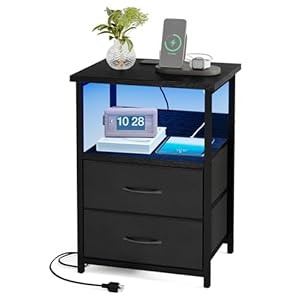 Fixwal Night Stand with Charging Station, LED Nightstand with U-S-B Ports and Outlets, 2 Fabric Storage Drawers with PU Finish, Bedside Table, Black