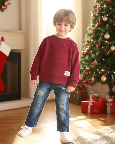 Image of NZRVAWS Toddler Baby Boy Clothes Pullover Sweater Ripped Jean Sweatsuit Little Boy Outfit Fall Winter Clothing Set 6M-7T