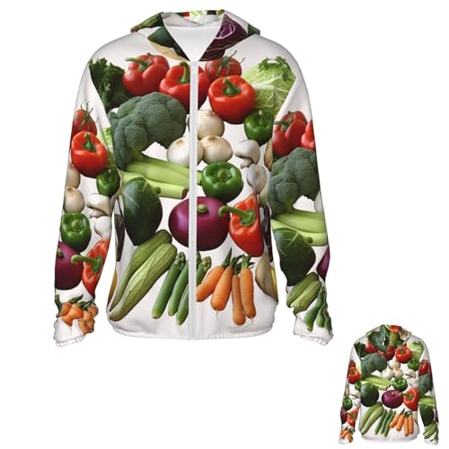 Men's Sun Protection Jacket UPF 50+ Full Zipper Long Sleeve UV Hoodie Shirt Introduction of Various Vegetables Women's Outdoor Jacket Black