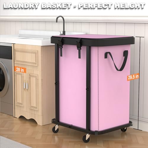 Image of 150L (40 Gal) Large Fashion Laundry Basket with Wheels, Leather Patchwork Rolling Hamper Carts, Sturdy Metal Frame, Removable Washable Bag, Tall Clothes Sorter for Bedroom (Pink, 1 Section-150L)