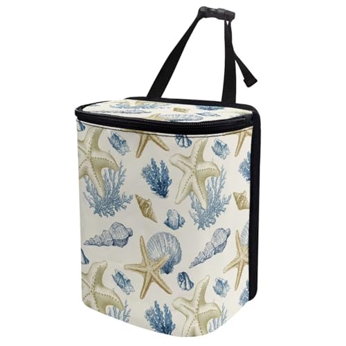 Image of Talayituse Starfish Conch Coral Print Car Trash Can with Adjustable Straps, Car Trash Bag Bin Car Garbage Bag Multipurpose Storage Box for Vehicle Travel Camping Picnicing