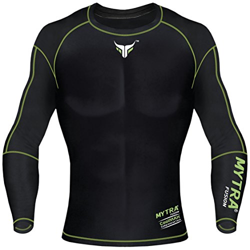 Mytra Fusion Mens & Boys PowerLayer Compression Base Layer Baselayer Top Long Sleeve Under Shirt Mens LIFA Dry Stripe Crew Men's HeatGear Long Sleeve Compression Top - Crew Neck (M, Black/Green)