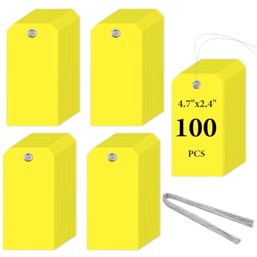 Flintronic 100 Stück Wasserdichte Versandetiketten aus Kunststoff, Beschreibbare Hängeetiketten, Wiederverwendbar Versandanhänger, zum Beschriften und Identifizieren, für Schlüssel,Gepäck(Gelb)