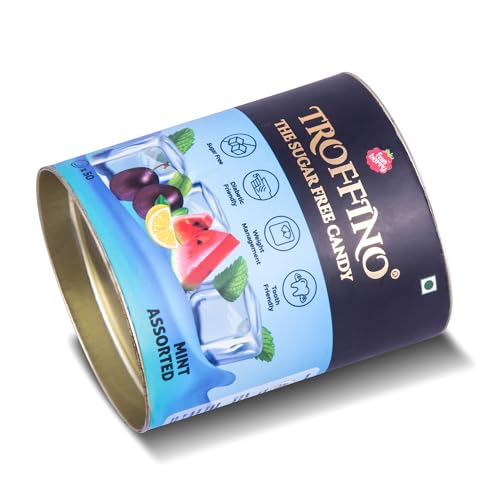 Image of TROFFINO SUGAR FREE Mint Assorted Candy Tin 4 Mouth Watering Mixed Fruit Flavors, (50 Candies) - Black Cherry, Paan, Watermelon, Fresh Mint - Pack of 1
