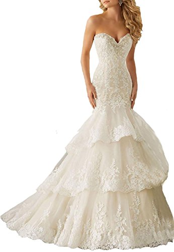 Baixia Crystal Mermaid Lace Wedding Dresses Trumpet Outline Ivory 2
