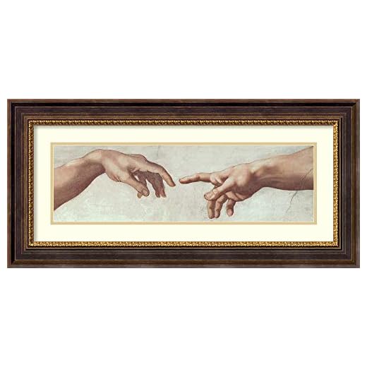Framed Wall Art Print Hands of God and Adam, Detail (ii) from The Creation of Adam, from The Sistine Ceiling, 1511 (pre Restoration) by Michelangelo Buonarroti 34.62 x 16.62 in.