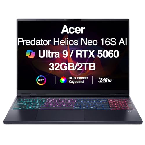 Image of Acer Predator Helios Neo 16S AI Gaming Laptop 16.0 inch 240Hz OLED WQXGA (Intel Ultra 9 275HX, GeForce RTX 5060 8GB, 32GB DDR5, 2TB SSD, AI Copilot, Thunderbolt 4, RGB KB, Wi-Fi 6E, Win 11 Pro)