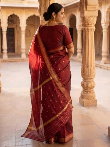 Image of AKHILAM Women's Pure Soft Spun Cotton Lichi Silk Saree For Women With Attach Unstitch Blouse Piece