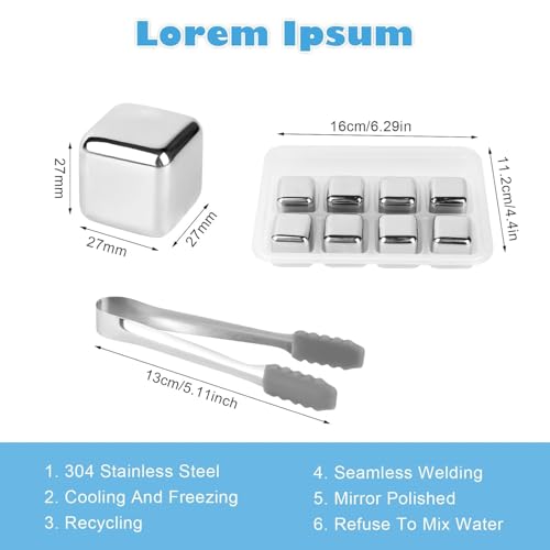 Image of 8 Stainless Steel Whiskey Stones Ice Cubes with Tongs & Container - Food Grade Quick-Frozen Ice for Red Wine, Whiskey, Cocktails - Reusable Metal Ice Cubes for Chilling Drinks
