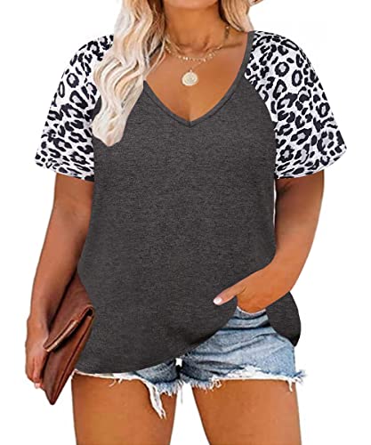 Image of CARCOS Plus Size Tops for Women Short Sleeve Raglan Striped Tee Color Block Crewneck /V Neck Tunic Loose Fit Summer XL-5XL