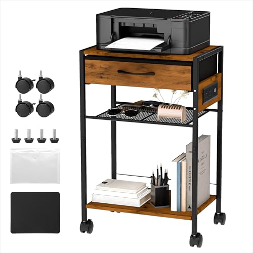 Curlix 3-Tier Printer Stand with Charging Station, Wood & Metal Printer Table with Storage Drawer for Home Office, Rolling Printer Cart with AC, USB, C-Type Port and Wheels