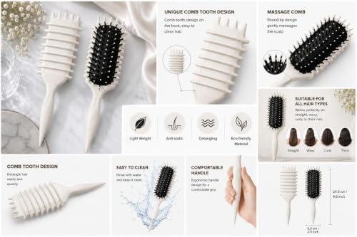 Image of Premium 3D Detangling Hair Brush for Women & Men- Anti Hair Fall Comb for Curly, Wavy & Straight Hair | Hair Straightening Brush, Wet & Dry Styling Brush | Scalp Massager, Frizz Control & Tangle Free Grooming Brush (PADDLE CREAM)
