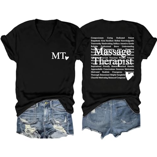 Women Casual Shirt, Massage Therapist Shirt for Professionals Summer V-Neck Short Sleeve Graphic Tops Black