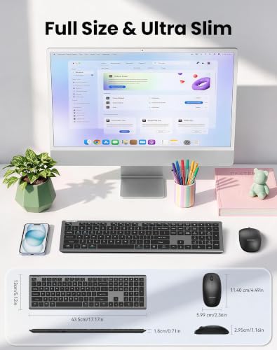 TECKNET 2.4G Rechargeable Ultra-Slim Wireless Keyboard and Mouse Combo | 2.4G Stable Connection, Full-Size Scissor Switch Keyboard with 12 Multimedia Keys, Silent Mouse, Ergonomic Design, Grey - image 6