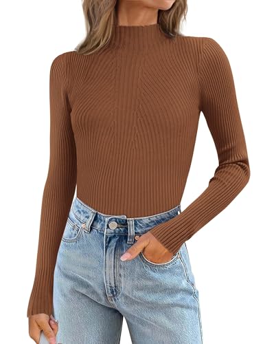 Image of ATHMILE Women's 2026 Fall Long Sleeve Pullover Ribbed Knit Sweater Low Mock Neck Slim Fit Basic Casual Tee Tops