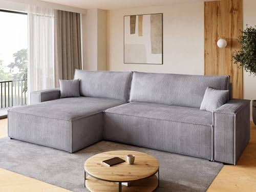 BROMARKT Sofa mit Schlaffunktion Couch L Cordstoff Sofa Bettkasten Schlafsofa für Wohnzimmer Ecksofa freistehend Adi XL Relaxsofa 3 sitzer 272x143x85 cm Hellgrau